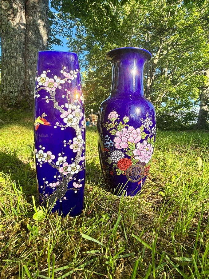 Vintage Japanese Cobalt Blue Vases — Hand-Painted Pair