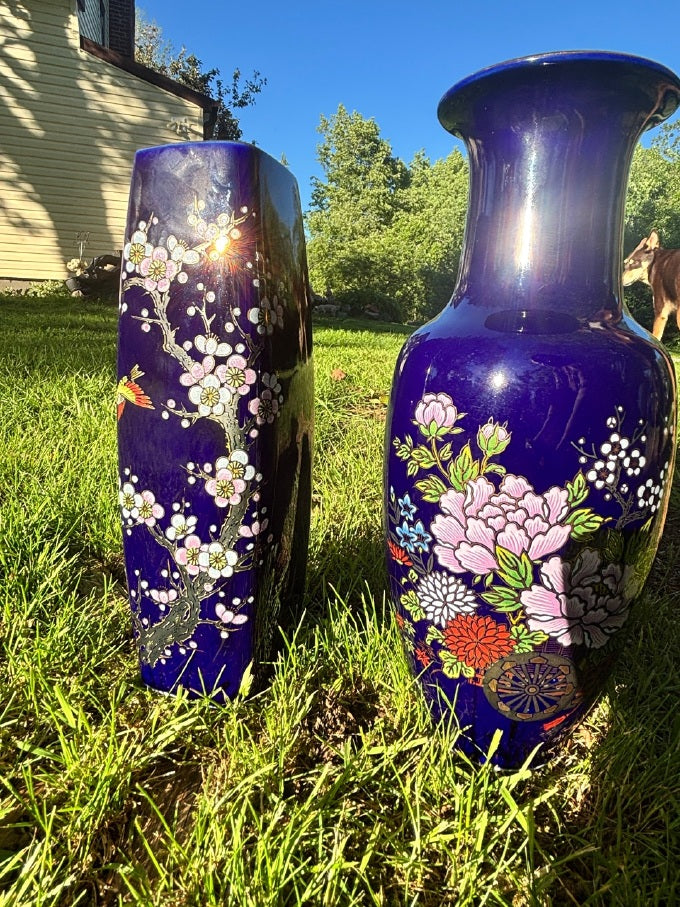 Vintage Japanese Cobalt Blue Vases — Hand-Painted Pair