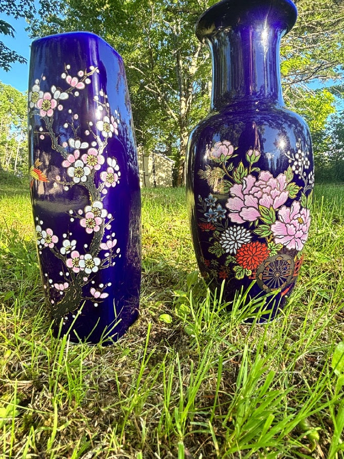 Vintage Japanese Cobalt Blue Vases — Hand-Painted Pair