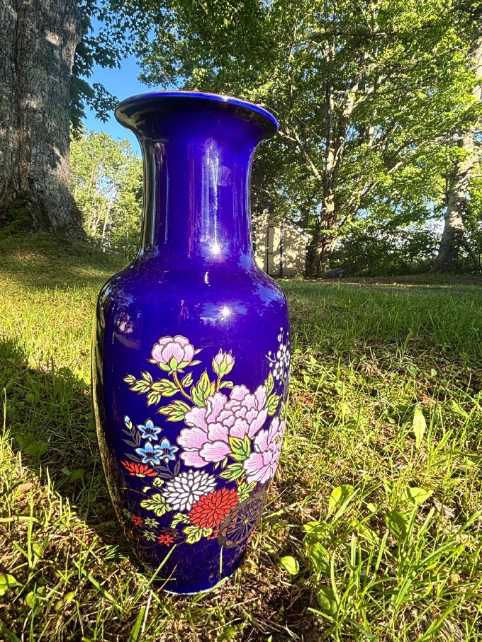 Vintage Japanese Cobalt Blue Vases — Hand-Painted Pair