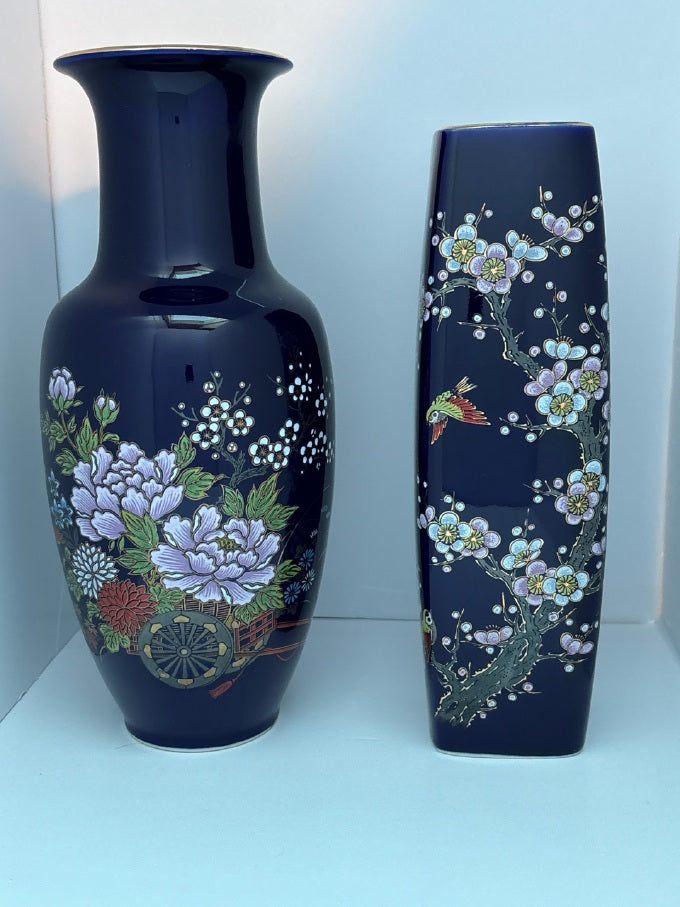Vintage Japanese Cobalt Blue Vases — Hand-Painted Pair