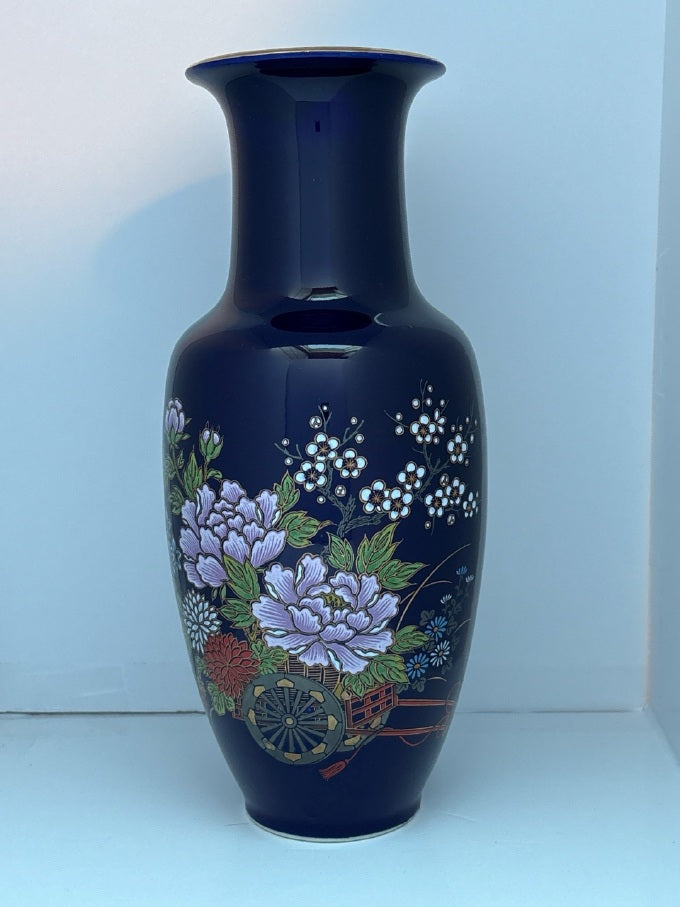 Vintage Japanese Cobalt Blue Vases — Hand-Painted Pair
