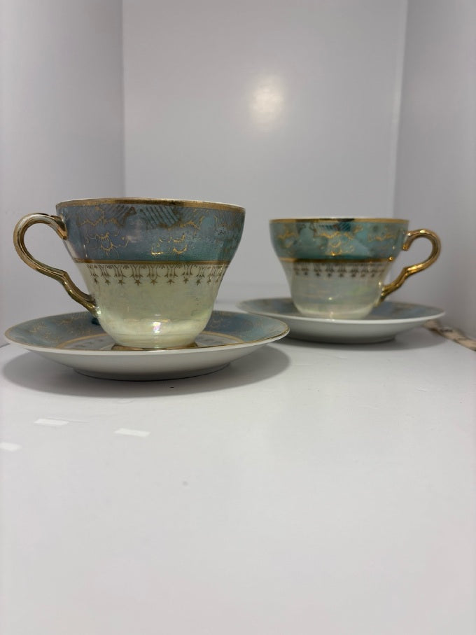 Vintage Japanese Lusterware Tea Cup & Saucer Set — 2 Pairs