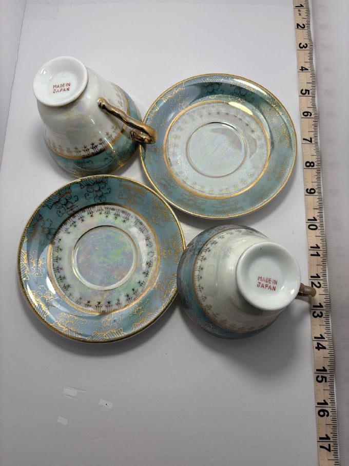 Vintage Japanese Lusterware Tea Cup & Saucer Set — 2 Pairs